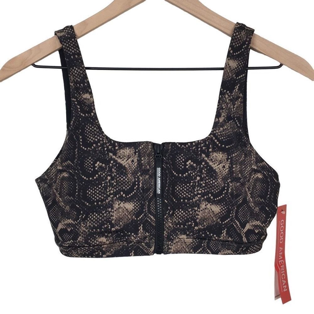 Good American Black Tan Snake Print Stretch Zip Up Sports Bra Medium 2